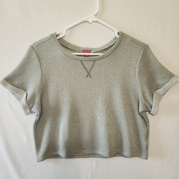 Guess Metallic Silver Knit Short Sleeve Tee - Picture 1 of 12